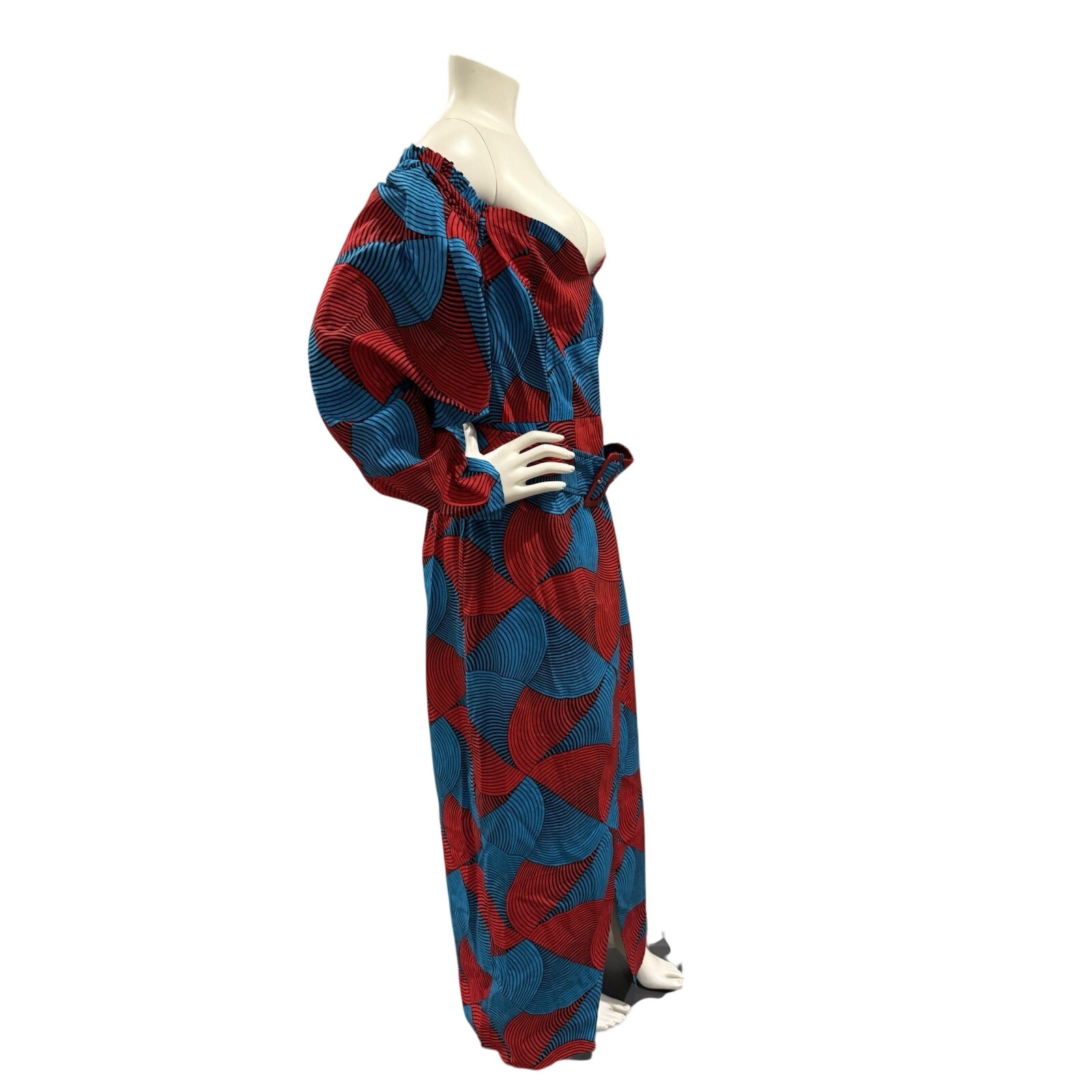 Nwt Ofuure Sz Large Bold Dress 100% Cotton Geometric Print Blue Red Belted — image 6 of 8